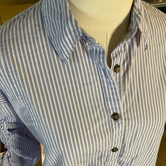 Free People Ruched Sleeve Blue Striped Collar Button Down Shirt - Picture 6 of 9